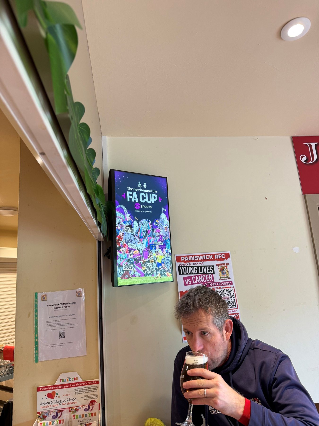 TNT Sports FA Cup creative on a Grassroot Media screen at Painswick RFC