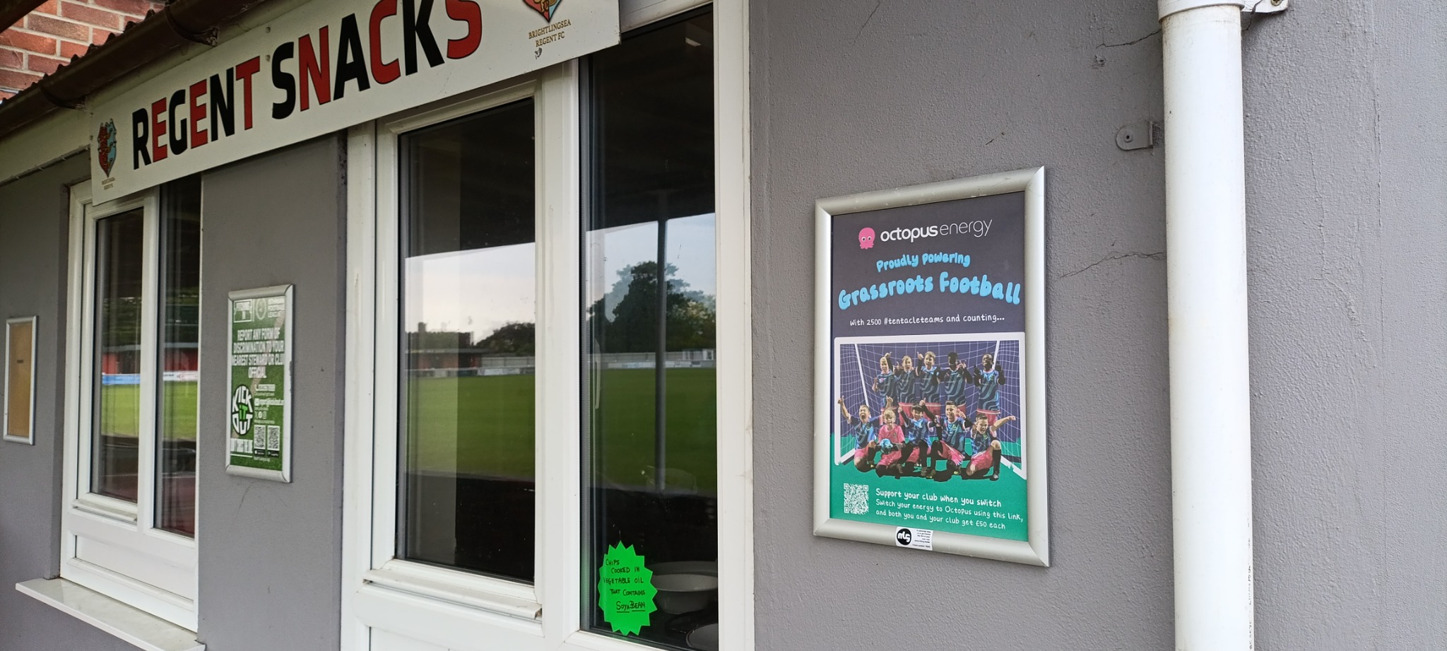 Octopus Energy grassroots football campaign poster mounted outside the clubhouse at Brightlingsea Regent Football Club.