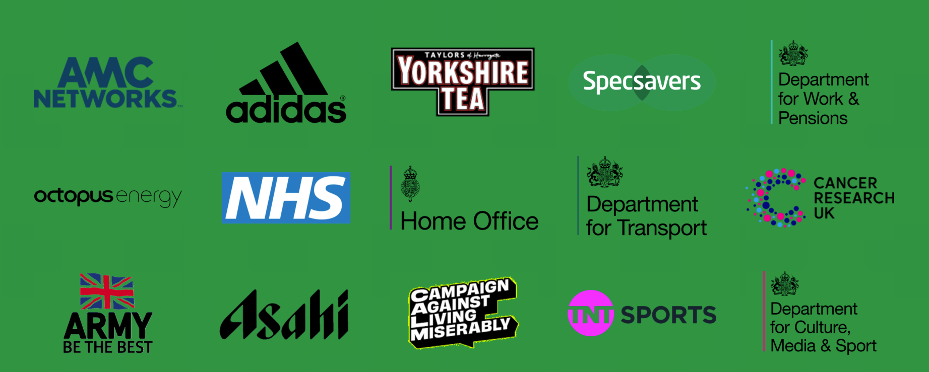 Advertiser and campaign partner logos including AMC Networks, adidas, Yorkshire Tea, Specsavers, the Department for Work and Pensions, Octopus Energy, the NHS, the Home Office, the Department for Transport, Cancer Research UK, the British Army, Asahi, Campaign Against Living Miserably, TNT Sports and the Department for Culture, Media and Sport.