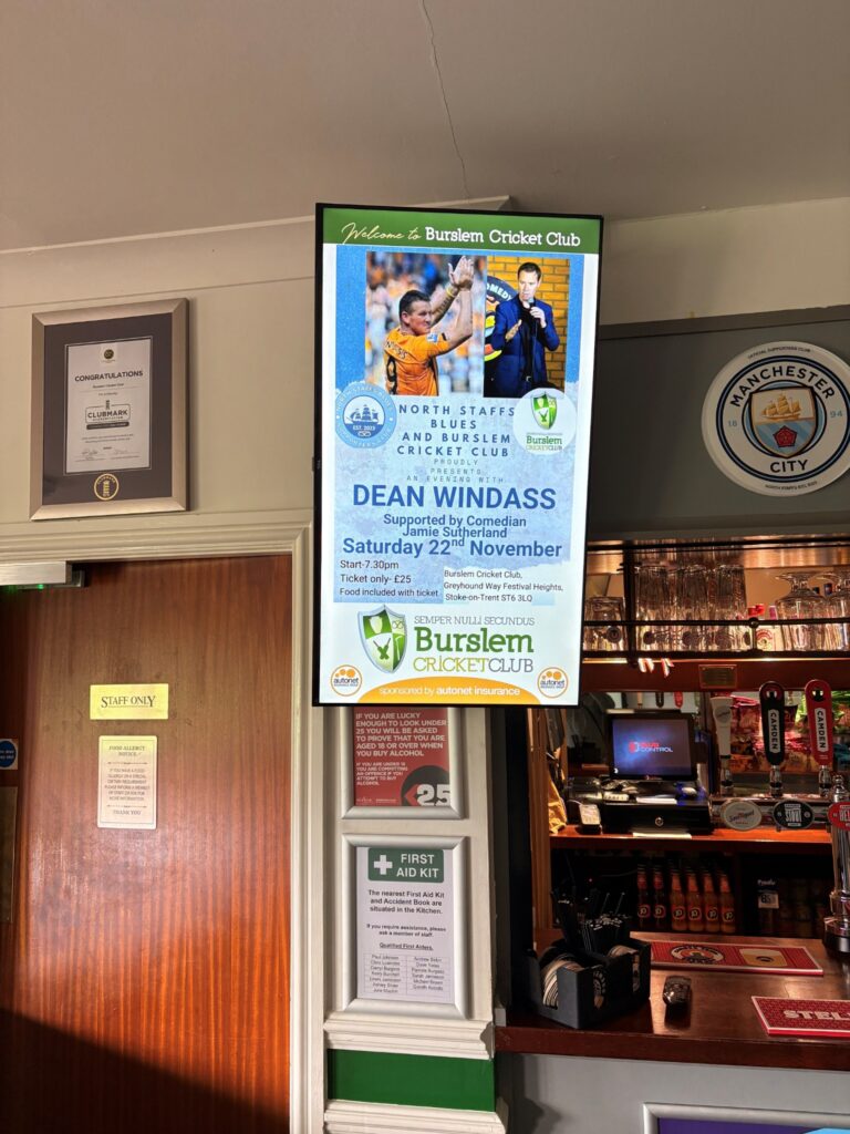 Burslem Cricket Club digital screen in the bar promoting a club event.