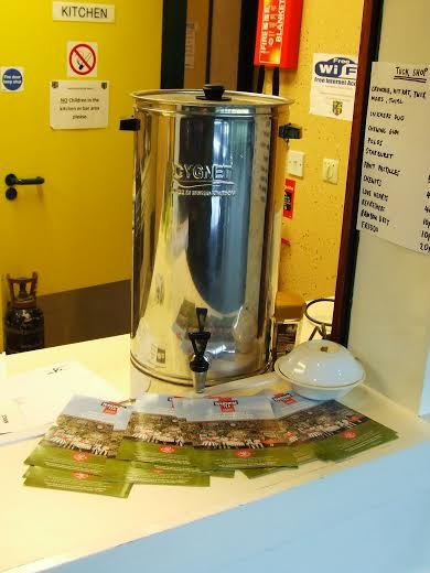 Yorkshire Tea promotional leaflets arranged beside a hot-water urn in the kitchen at New Milton Cricket Club.