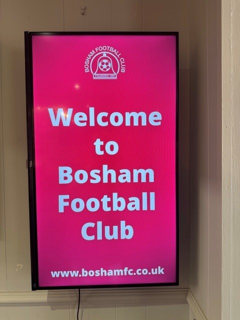 Portrait Grassroot Media digital screen displaying Welcome to Bosham Football Club