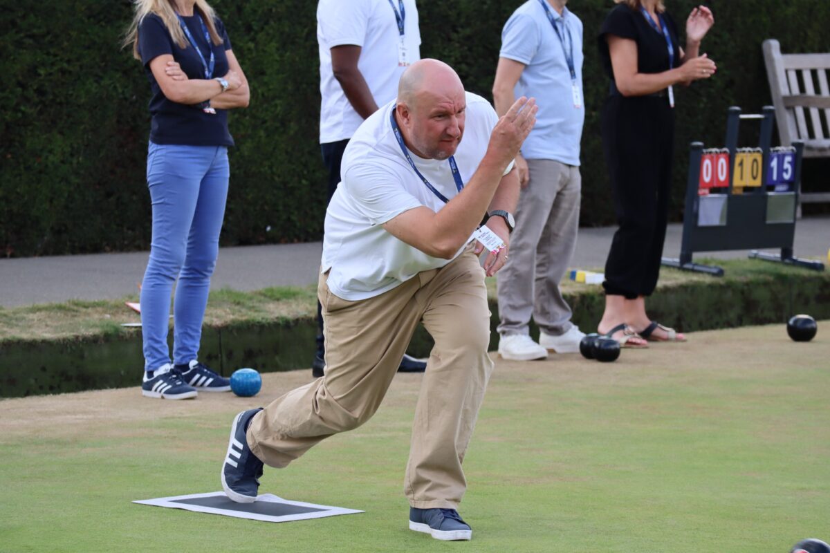 Mat Court delivering a bowl during a taster session at the 2026 National Bowls Finals in Leamington Spa