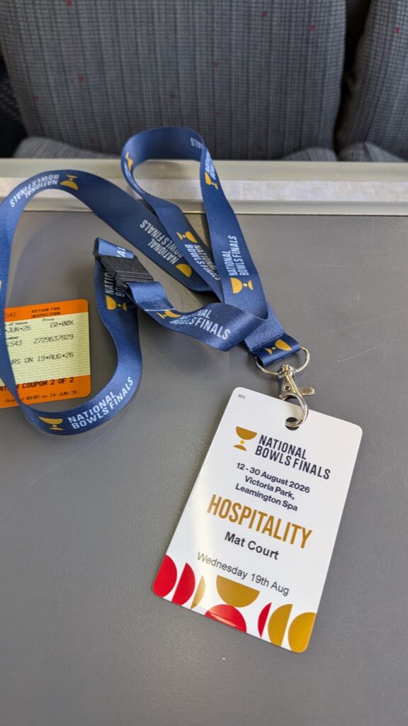 A National Bowls Finals 2026 hospitality pass for Mat Court at Victoria Park in Leamington Spa