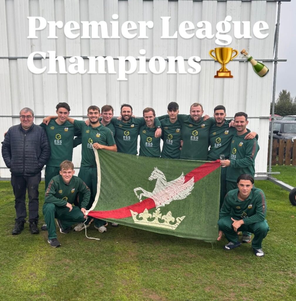 Stone SP Cricket Club players celebrating as 2025 Premier League champions with a club flag
